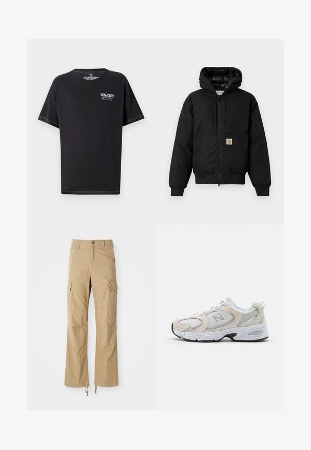Black Carhartt hooded jacket with front zipper, kangaroo pocket, ribbed cuffs, and logo patch on pocket.; Black t-shirt made of cotton, featuring a round neckline, short sleeves, and white contrast stitching. Front displays "VOLCOM STORE" in light lettering.; Khaki cargo pants made of durable fabric, featuring multiple side pockets, a straight leg design, and adjustable drawstrings at the hem.; Athletic shoe featuring a light gray mesh upper with suede accents, white laces, and a black rubber sole. Notable ABZORB cushioning detail.
