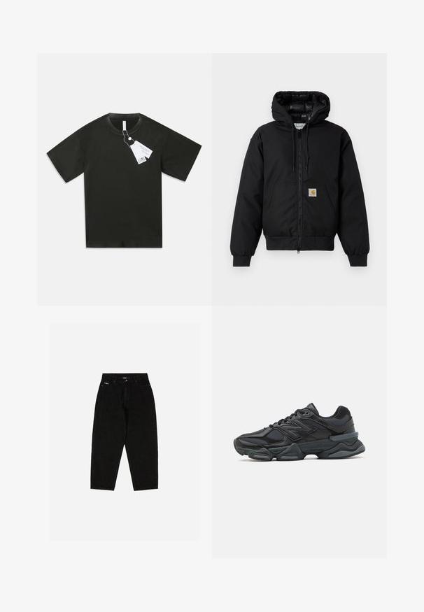 Melnā Carhartt kapuce jaka ar priekšējo rāvējslēdzēju, kangorūkas kabatu, ribotām piedurknēm un logotipa plāksteri uz kabatas.; Melns īsām piedurknēm kokvilnas T-krekls ar apaļu kakla izgriezumu un piekārtām baltām produktu birkām no apkakles uz vienkārša balta fona.; Melnas ziloņu bikses ar augstu vidukli, taisniem kāju griezumiem un smalku logotipu uz priekšējās kabatas. Iekļauj klasisko piecu kabatu dizainu.; Melna skriešanas apavi ar jauktu acu audumu un sintētiskiem materiāliem, masīvu zoli, izliekta dizaina elementiem un izteiktu zīmola logotipu uz sāniem.