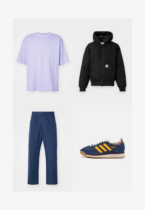 Čierna kapucňová bunda Carhartt s predným zipsom, klokannou vreckom, ribovanými manžetami a logo nášivkou na vrecku.; Krátky rukáv, levanduľové tričko vyrobené z mäkkej bavlny. Na hrudi má biele vyšívané logo Jordan a klasický okrúhly výstrih.; Námornícke modré, rovné nohavice vyrobené z bavlny. Disponujú predným zapínaním na gombík a jemnou textúrou, s bočnými vreckami a pútkami na opasok.; Námorné semišové tenisky so žltými pruhmi, bielymi šnúrkami a vínovými akcentmi. Textúrovaná podrážka so zarezmi pre trakciu. Logo značky na boku.