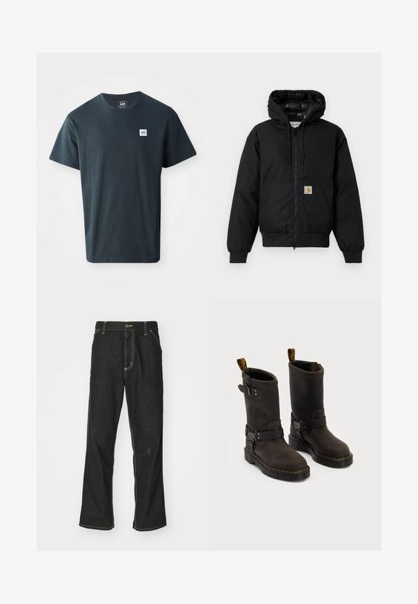 Casaco com capuz Carhartt preto, com fecho na frente, bolso tipo canguru, punhos canelados e patch do logo no bolso.; T-shirt de algodão cinza escuro com um design de gola redonda. Inclui uma pequena etiqueta retangular azul e branca no lado esquerdo do peito.; Calças de ganga pretas de corte largo, com costuras brancas em contraste, fecho de botão e design de perna reta.; Botas de couro castanho-escuras com um design até ao meio da panturrilha, costura amarela, correias ajustáveis com fivela e alças na parte superior. Acabamento texturizado.
