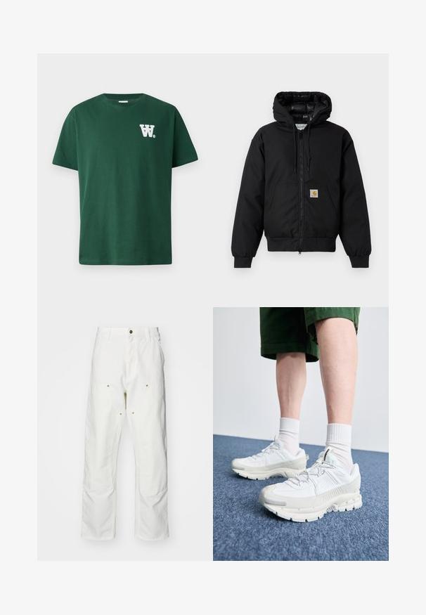 Casaco com capuz Carhartt preto, com fecho na frente, bolso tipo canguru, punhos canelados e patch do logo no bolso.; T-shirt de algodão verde com decote redondo e mangas curtas, com um logótipo branco "W" no lado esquerdo do peito. Design simples, sem padrões.; Calças cargo brancas em algodão com um corte descontraído. As características incluem bolsos frontais, detalhes em metal dourado e áreas de joelhos reforçadas.; Sapatos atléticos brancos com sobreposições texturizadas, sola espessa e detalhes em cinza. Usados com meias brancas até ao tornozelo e calções verdes sobre uma superfície azul.
