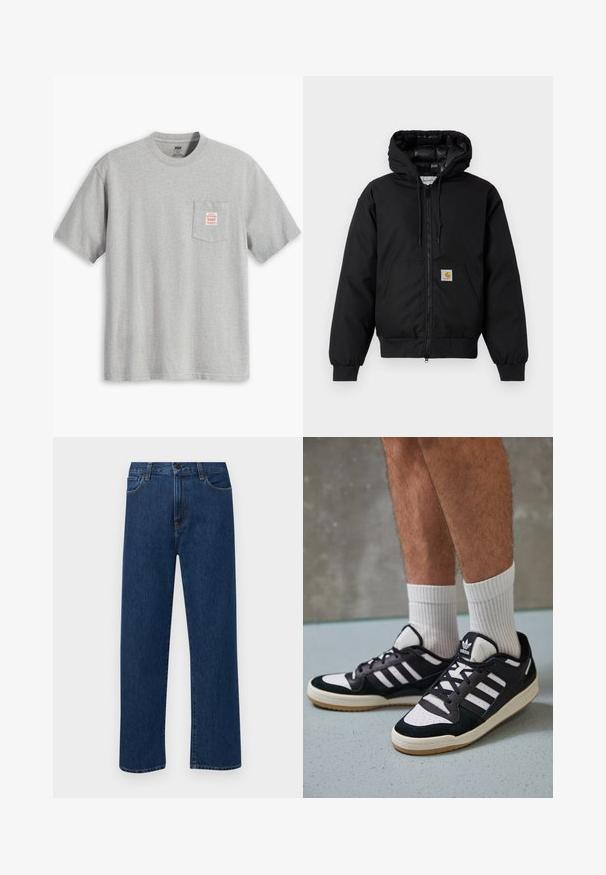 Casaco com capuz Carhartt preto, com fecho na frente, bolso tipo canguru, punhos canelados e patch do logo no bolso.; T-shirt cinza de manga curta em algodão, com um bolso no peito com uma etiqueta vermelha. Gola redonda e ajuste descontraído.; Jeans de denim azul escuro, de perna reta, com bolsos frontais e fecho de botão, exibidos sobre um fundo branco liso.; Ténis em preto e branco com upper em camurça e couro, apresentando três riscas brancas, um toe perfurado e uma sola em borracha de goma.