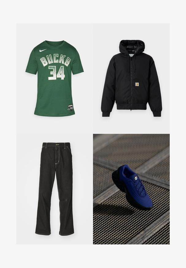 Juodas Carhartt džemperis su gobtuvu, priekiniais užtrauktukais, kengūros kišene, raibstais rankogalviais ir logotipo pleistru kišenėje.; Žalias medvilninis T-shirt marškinėliai su užrašu "BUCKS" ir "34" balta blizgia rašyba. Turi apvalų iškirpimą ir trumpas rankoves, o apatinėje dalyje yra logotipas.; Juodi džinsai su laisvu siluetu, turintys kontrastingas balto siūlo siūles, mygtuko uždarymą ir tiesų kojos dizainą.; Mėlyna sportinė bateliai su tekstūruota viršūne, juodu padu ir raišteliais. Ant liežuvio yra "air" ženklas, taip pat matomi oro amortizacijos elementai.