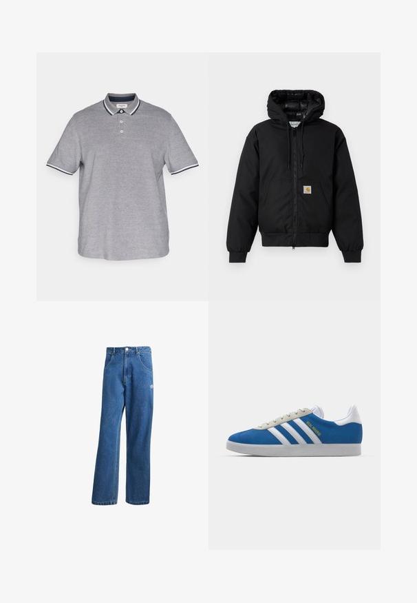 Must värvi Carhartt kapuutsiga jakk, millel on ees viis zipperit, känguru tasku, soonikkoes varrukad ja logo patch taskul.; Jack & Jones JJEPAULOS SS NOOS PLS - Polosärk - blue depths; Sinine kõrge vöökohaga avar jakkidega teksapükse, millel on ees taskud, vöökoharingid, nupuga sulgemine ja väike Adidas'i logo paremal reiel.; adidas Originals ADIDAS GAZELLE SHOES - Saalijalgpalli saapad - real madrid/bluebird/footwear white/crew yellow