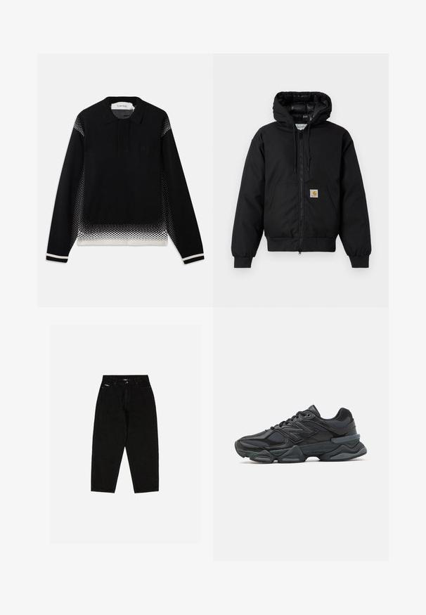 Zwarte Carhartt hoodie met rits aan de voorkant, kangoeroezak, geribde manchetten en logopatch op de zak.; Zwarte polo trui met lange mouwen en een witte gestippelde verloop op de zijkanten, onderrand en mouwmanchetten, voorzien van een klein logo op de borst.; Zwarte denim jeans met een hoge taille, rechte pijpen en een subtiele logo op de voorkzak. Beschikt over een klassiek vijfzakkenontwerp.; Zwarte hardloopschoen met een mix van mesh en synthetische materialen, een stevige zool, gebogen ontwerp en prominente branding op de zijkant.