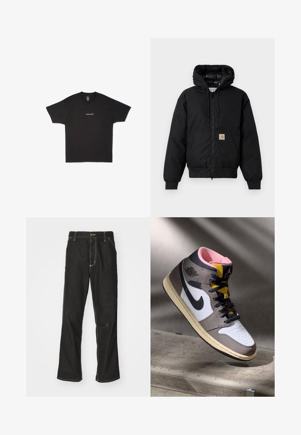 Black Carhartt hooded jacket with front zipper, kangaroo pocket, ribbed cuffs, and logo patch on pocket.; Black cotton t-shirt featuring a round neck and short sleeves, with a small white "VOLCOM" logo printed on the front center.; Black denim jeans with a loose fit, featuring contrasting white stitching, a button closure, and a straight leg design.; High-top Nike Air Jordan sneaker in white, grey, and black with pink interior and yellow tongue, positioned on a concrete surface.