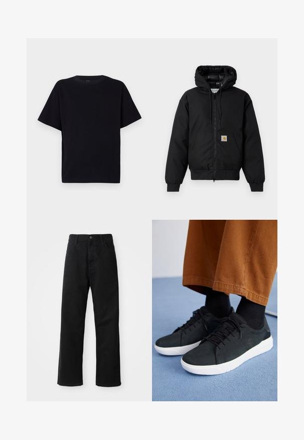 Juodas Carhartt džemperis su gobtuvu, priekiniais užtrauktukais, kengūros kišene, raibstais rankogalviais ir logotipo pleistru kišenėje.; Juoda trumpų rankovių marškinėliai su apvaliu iškirpimu. Pagaminti iš minkštos medžiagos, turi laisvą siluetą ir neturi matomų raštų ar akcentų.; Juodo džinsinio audinio keliaraiščiai su tiesia iškarpa, turintys priekinės kišenes, užtrauktuką ir vieną viršutinį mygtuką. Audinys tekstūruotas, su matinio paviršiaus apdaila.; Juodi zomšiniai sneakeriai su baltais guminiais padais, su raištelių uždėjimo dizainu, tekstūruotais akcentais ir subtiliu prekių ženklu, derinami su rudomis kelnėmis.