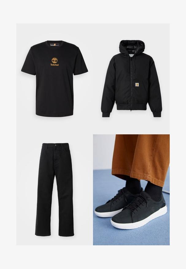 Čierna kapucňová bunda Carhartt s predným zipsom, klokannou vreckom, ribovanými manžetami a logo nášivkou na vrecku.; Čierne bavlnené tričko s gold logom stromu a textom "Timberland". Okrúhly výstrih a krátke rukávy, s hladkou textúrou.; Čierne denimové nohavice so rovným strihom, vystúpené predné vrecká, zips a jedno horné gombík. Štruktúrovaná tkanina s matným povrchom.; Čierne zamatové tenisky s bielymi gumovými podrážkami, so šnurovacím dizajnom, textúrovanými akcentami a decentným brandingom, skombinované s hnedými nohavicami.