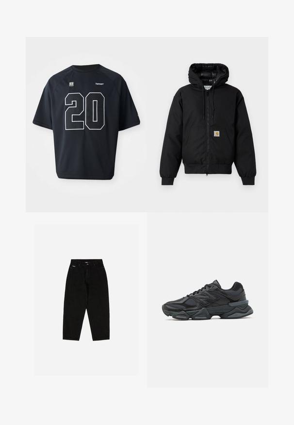 Μαύρο μπουφάν με κουκούλα Carhartt με μπροστινό φερμουάρ, καγκουρό τσέπη, ριμπ μανσέτες και λογότυπο στην τσέπη.; Μαύρη αθλητική μπλούζα από διχτυωτό ύφασμα με μεγάλο λευκό νούμερο "20" μπροστά. Κοντά μανίκια και στρογγυλή λαιμόκοψη, με λεπτομέρειες λογότυπου.; Μαύρα τζιν παντελόνια με ψηλή μέση, ίσια γραμμή και διακριτό λογότυπο στην μπροστινή τσέπη. Διαθέτουν κλασικό στυλ πέντε τσεπών.; Μαύρο αθλητικό παπούτσι με συνδυασμό πλέγματος και συνθετικών υλικών, χοντρή σόλα, καμπυλωτό σχέδιο και έντονη επωνυμία στο πλάι.