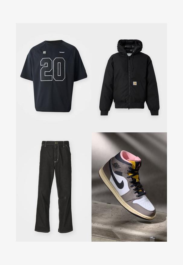 Schwarze Carhartt Kapuzenjacke mit Frontreißverschluss, Kängurutasche, gerippten Bündchen und Logopatch auf der Tasche.; Schwarzes Mesh-Sport-Trikot mit einer großen weißen Nummer "20" auf der Vorderseite. Kurze Ärmel und ein runder Halsausschnitt, mit Logodetails.; Schwarze Denim-Jeans mit lockerer Passform, kontrastierenden weißen Nähten, einem Knopfverschluss und geradem Bein.; Hohe Nike Air Jordan Sneaker in Weiß, Grau und Schwarz mit pinkem Innenfutter und gelber Zunge, auf einer Betontfläche platziert.