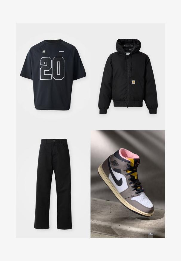 Schwarze Carhartt Kapuzenjacke mit Frontreißverschluss, Kängurutasche, gerippten Bündchen und Logopatch auf der Tasche.; Schwarzes Mesh-Sport-Trikot mit einer großen weißen Nummer "20" auf der Vorderseite. Kurze Ärmel und ein runder Halsausschnitt, mit Logodetails.; Schwarze Jeans mit geradem Schnitt, ausgestattet mit Fronttaschen, einem Reißverschluss und einem einzelnen oberen Knopf. Texturiert mit matter Oberfläche.; Hohe Nike Air Jordan Sneaker in Weiß, Grau und Schwarz mit pinkem Innenfutter und gelber Zunge, auf einer Betontfläche platziert.
