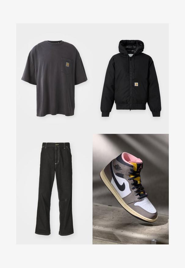 Melnā Carhartt kapuce jaka ar priekšējo rāvējslēdzēju, kangorūkas kabatu, ribotām piedurknēm un logotipa plāksteri uz kabatas.; Melna kokvilnas t-krekls ar īsām piedurknēm, apaļu kakla izgriezumu un kreisajā krūšu daļā esošu kabatu ar kvadrātveida logo uzlīmi. Vienkāršs un bez rotājumiem dizains.; Melni džinsi ar brīvu piegriezumu, ar kontrastējošu baltu diegu, pogu aizdari un taisnu kāju dizainu.; Augstās Nike Air Jordan kedas baltā, pelēkā un melnā krāsā ar rozā iekšpusi un dzelteno mēli, novietotas uz betona virsmas.