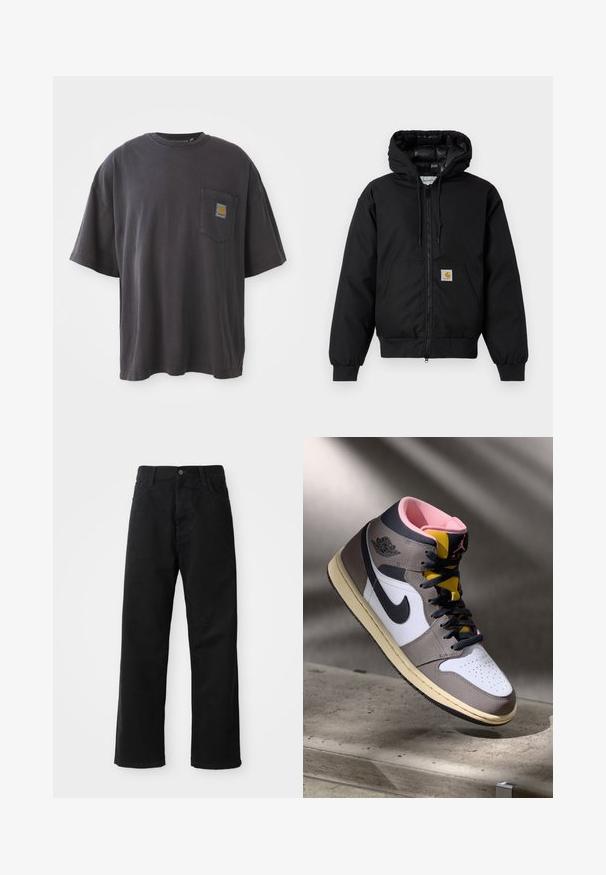 Černá bunda Carhartt s kapucí, předním zipem, klokaní kapsou, ribovanými manžetami a logem na kapse.; Černé bavlněné tričko s krátkým rukávem, kulatým výstřihem a kapsičkou na levé straně hrudi, na které je čtvercová nášivka s logem. Jednoduchý a nezdobený design.; Černé džínové kalhoty s rovný střih, s předními kapsami, zipovým zapínáním a jedním horním knoflíkem. Texturovaná látka s matným povrchem.; Bílé, šedé a černé vysoké tenisky Nike Air Jordan s růžovým interiérem a žlutým jazykem, umístěné na betonovém povrchu.