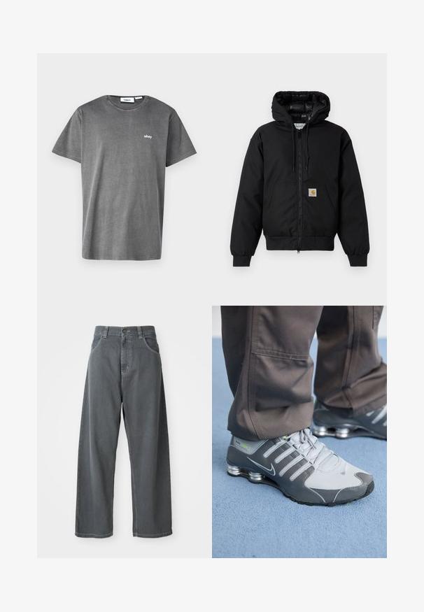 Fekete Carhartt kapucnis dzseki elöl cipzárral, kenguruzsebbel, bordás mandzsettákkal és logóval ellátott zsebbel.; Szürke pamut póló rövid ujjakkal, kerek nyakkivágással és egy kis fehér "obey" logóval a mellkason. Sima textúra, laza dizájn.; Szürke farmer széles lábú nadrág magas derékkal, elülső zsebekkel, övhurkokkal és gombos záródással a derékban.; Szürke és ezüst Nike Shox sportcipők elegáns dizájnnal rendelkeznek, hálós és szintetikus anyagokból készültek, lekerekített orral és párnázott gallérral.
