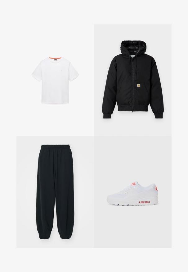 Czarna, bawełniana kurtka z kapturem Carhartt z przednim zamkiem błyskawicznym, kieszenią kangurką, ściągaczami przy mankietach oraz naszywką z logo na kieszeni.; Biały bawełniany t-shirt z okrągłym dekoltem, krótkimi rękawami i małym logo na piersi. Wewnątrz kołnierza kontrastowe pomarańczowe wykończenie.; Czarne dresy z elastycznym pasem, luźny krój, ściśnięte nogawki, gładka tekstura, bez widocznych wzorów lub ozdób.; Białe sportowe sneakersy z gładką cholewką, sznurowaniem, wyściełaną podeszwą i widoczną jednostką powietrzną z czerwonymi akcentami na oznaczeniach.