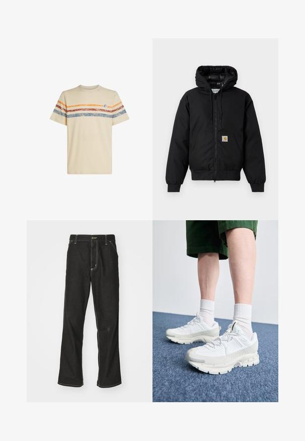 Čierna kapucňová bunda Carhartt s predným zipsom, klokannou vreckom, ribovanými manžetami a logo nášivkou na vrecku.; Krémové bavlnené tričko s horizontálnymi pruhmi v oranžovej, červenej a modrej farbe. Krátke rukávy, okrúhly výstrih a malý logový detail na hrudi.; Čierne denimové nohavice s voľným strihom, s kontrastným bielym prešívaním, uzáverom na gombík a rovnými nohavicami.; Biele športové topánky s textúrovanými prešívaniami, robustnou podrážkou a sivými akcentami. Nosené s bielymi ponožkami po členky a zelenými šortkami na modrom povrchu.