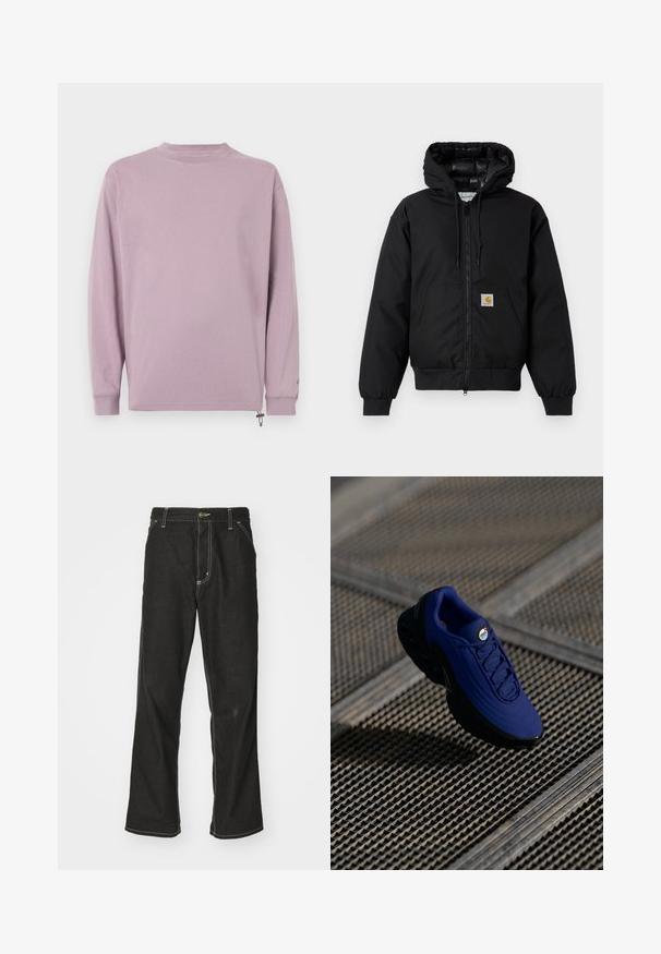 Black Carhartt hooded jacket with front zipper, kangaroo pocket, ribbed cuffs, and logo patch on pocket.; Long-sleeve shirt in soft lavender fabric. Features a crew neckline, relaxed fit, and adjustable side hem drawstring.; Black denim jeans with a loose fit, featuring contrasting white stitching, a button closure, and a straight leg design.; Blue athletic shoe with a textured upper, black sole, and laces. Features "air" branding on the tongue and visible air cushioning elements.