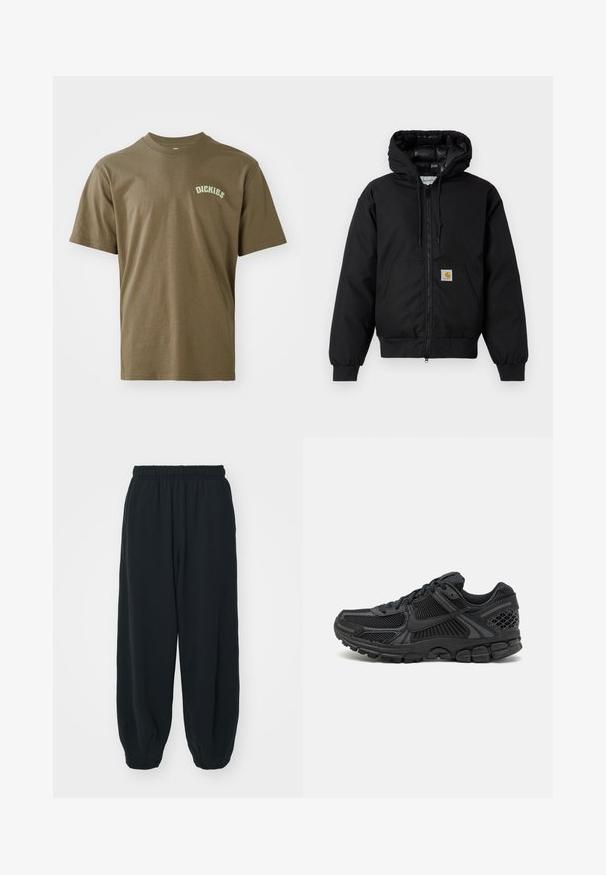 Casaco com capuz Carhartt preto, com fecho na frente, bolso tipo canguru, punhos canelados e patch do logo no bolso.; T-shirt de algodão verde-oliva com mangas curtas, gola redonda e um pequeno logótipo branco "Dickies" impresso no peito esquerdo. Textura suave.; Calças de fato de treino pretas, com cintura elástica e um corte solto, com punhos nas pernas, textura suave e sem padrões visíveis ou detalhes de metal.; Sapatilha atlética preta com parte superior em malha, sola de borracha e toques texturizados. O design inclui um sistema de atacadores pronunciado e sola almofadada.
