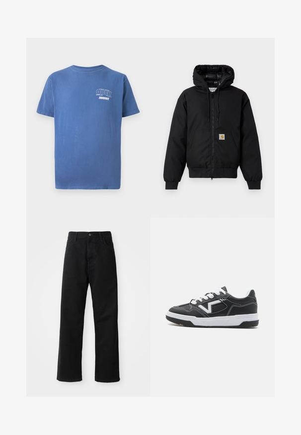 Crna Carhartt jakna s kapuljačom, s prednjim zatvaračem, kangaroo džepom, rebrastim manžetama i logo naljepnicom na džepu.; Plava kratkotrajna majica s kratkim rukavima s malim bijelim natpisom "OBEY Perpetual Persistent movement" na lijevoj strani prsnog dijela.; Crne traperice ravnog kroja, s prednjim džepovima, patentnim zatvaračem i jednim gornjim dugmetom. Teksturirana tkanina s mat završetkom.; Crne kožne tenisice s bijelim vezicama, s kontrastnim bijelim logom i šavovima. Dizajn uključuje čvrst gumeni đon i elegantnu siluetu.