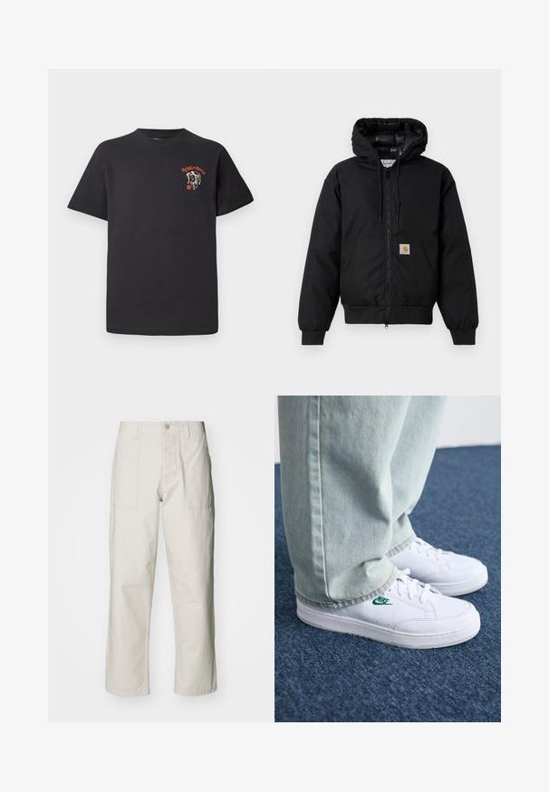 Casaco com capuz Carhartt preto, com fecho na frente, bolso tipo canguru, punhos canelados e patch do logo no bolso.; T-shirt de algodão preto com decote redondo, mangas curtas e um design gráfico de um rosto de cão com detalhes em vermelho no peito.; Calças largas em bege claro, feitas de algodão. Apresentam bolsos frontais e fecho com botão. Textura suave com linhas verticais subtis.; Tênis de couro brancos com logo verde da Nike, bico redondo, sola plana, combinados com calças de denim azul claro, exibidos sobre um tapete azul.