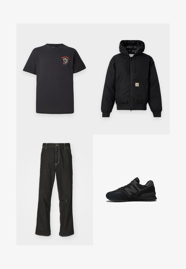 Black Carhartt hooded jacket with front zipper, kangaroo pocket, ribbed cuffs, and logo patch on pocket.; Black cotton T-shirt featuring a round neckline, short sleeves, and a graphic design of a dog’s face with red accents on the chest.; Black denim jeans with a loose fit, featuring contrasting white stitching, a button closure, and a straight leg design.; Black sneaker featuring a suede and mesh upper, thick sole, and prominent 'N' logo on the side. Textured design with lace closure.