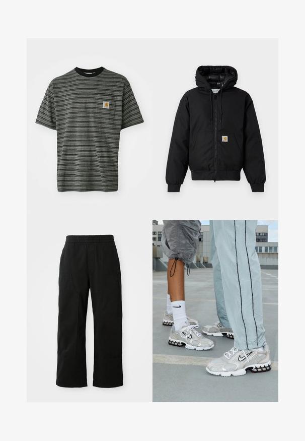 Black Carhartt hooded jacket with front zipper, kangaroo pocket, ribbed cuffs, and logo patch on pocket.; Striped short-sleeve t-shirt in gray and black, featuring a crew neck and a small logo patch on the chest. Soft, textured fabric.; Black cotton pants with an elastic waistband, wide leg design, and large side pockets. Fabric appears soft with a smooth texture.; Nike athletic shoes in a silver mesh material, featuring white laces, a black swoosh logo, and a black and red air cushioning sole.