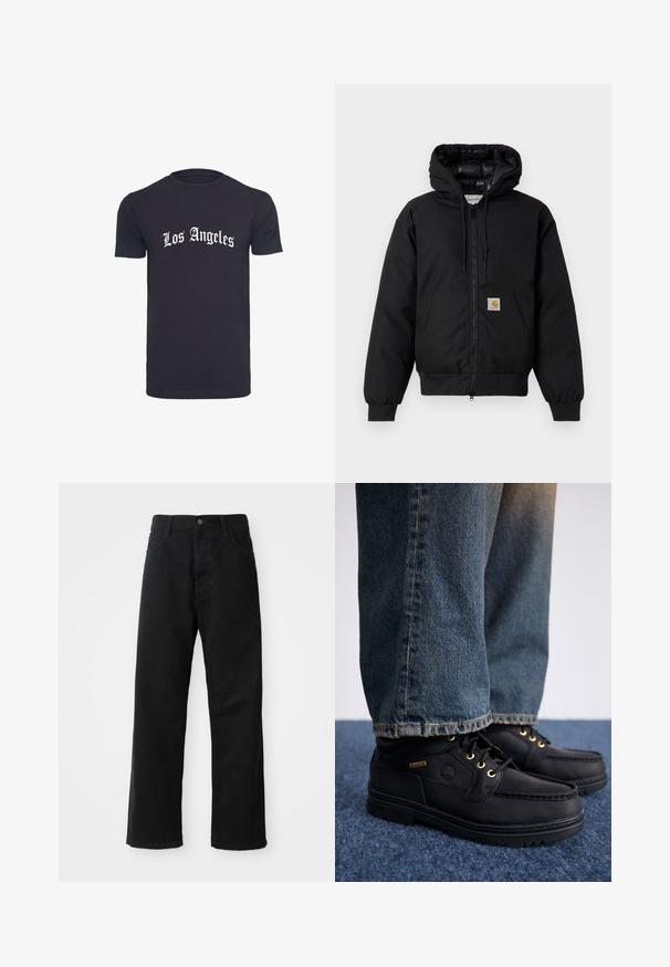 Juodas Carhartt džemperis su gobtuvu, priekiniais užtrauktukais, kengūros kišene, raibstais rankogalviais ir logotipo pleistru kišenėje.; Juodasis medvilninis T marškinėlis su trumpomis rankovėmis, kuriame krūtinėje baltais gotikiniais rašmenimis parašyta "Los Andželas". Vienodos spalvos, standartinio kirpimo.; Juodo džinsinio audinio keliaraiščiai su tiesia iškarpa, turintys priekinės kišenes, užtrauktuką ir vieną viršutinį mygtuką. Audinys tekstūruotas, su matinio paviršiaus apdaila.; Juodi odiniai batai su auksiniais akmenimis ir tekstūruotu paviršiumi, derinami su mėlynomis džinsinėmis kelnėmis. Batai turi sluoksniuotą pada ir prekės ženklo detalę.