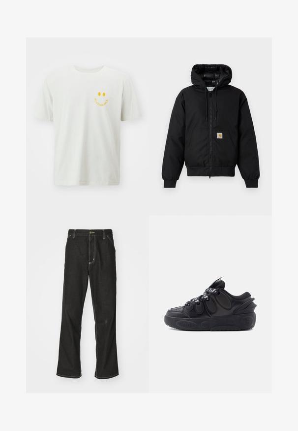 Juodas Carhartt džemperis su gobtuvu, priekiniais užtrauktukais, kengūros kišene, raibstais rankogalviais ir logotipo pleistru kišenėje.; Balta medvilninė marškinėliai su geltonu šypsenėlės grafiku ir užrašu "BLUE MARBLE" po juo. Trumpomis rankovėmis ir laisvu kirpimu.; Juodi džinsai su laisvu siluetu, turintys kontrastingas balto siūlo siūles, mygtuko uždarymą ir tiesų kojos dizainą.; Juodi žemakulniai sportbačiai su apvaliu guminio pado, ovaliais šonų paneliais ir juodomis raištelėmis, turinčiais baltą tekstą ant šviesiai pilko fono.