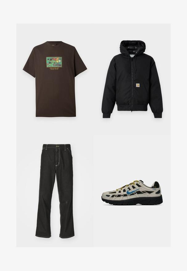 Sort Carhartt hættetrøje med frontlynlås, kengurulomme, ribbede manchetter og logo-patch på lommen.; Brun bomulds t-shirt med et farverigt grafisk motiv af frugter og blade. Korte ærmer, afslappet pasform og rund hals.; Sorte denimjeans med løs pasform, der har kontrasterende hvid syning, en knaplukning og et lige ben-design.; Beige og sort Nike P-6000 sneaker med blå swoosh, gule snørebånd, sort sål og Cordura-stofmærke på hælen.