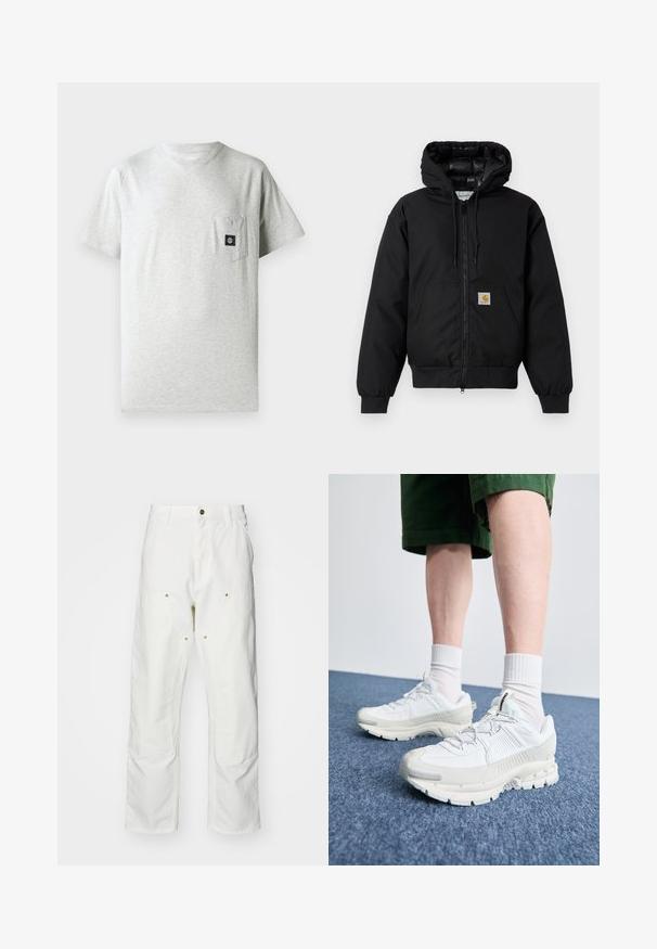 Fekete Carhartt kapucnis dzseki elöl cipzárral, kenguruzsebbel, bordás mandzsettákkal és logóval ellátott zsebbel.; Férfi szürke pamut póló, kerek nyakkal, rövid ujjakkal és bal mellen elhelyezett zsebekkel, melyen egy kis fekete logó folt található.; Fehér pamut cargo nadrág, laza szabású. Jellemzői közé tartozik az elülső zsebek, az arany színű fémalkatrészek és a megerősített térd részek.; Fehér sportcipők texturált burkolattal, vastag talppal és szürke részletekkel. Fehér sportzoknival és zöld rövidnadrággal viselve, kék felületen.