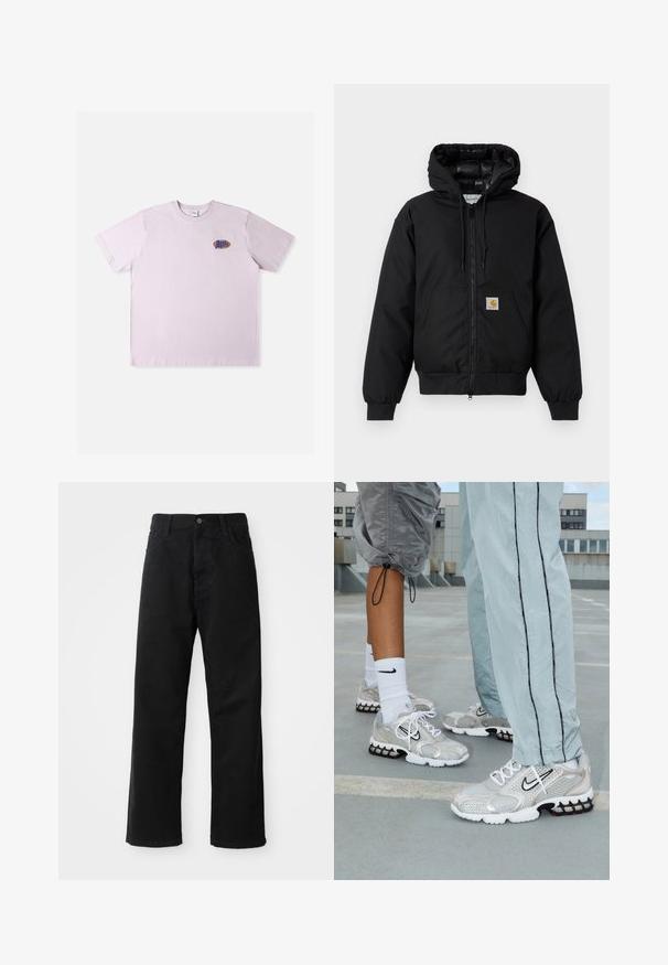 Jachetă cu glugă Carhartt de culoare neagră, cu fermoar frontal, buzunar tip kangaroo, manșete ribbate și patch cu logo pe buzunar.; Tricou de bumbac roz cu mâneci scurte, având un mic logo multicolor în zona stângă a pieptului. Design simplu și lejer.; Pantaloni din denim negri cu croi drept, având buzunare frontale, fermoar și un singur buton la partea superioară. Țesătură texturată cu un finisaj mat.; Adidași sport Nike dintr-un material de plasă argintie, cu șireturi albe, un logo swoosh negru și o tălpică cu amortizare aeriană neagră și roșie.