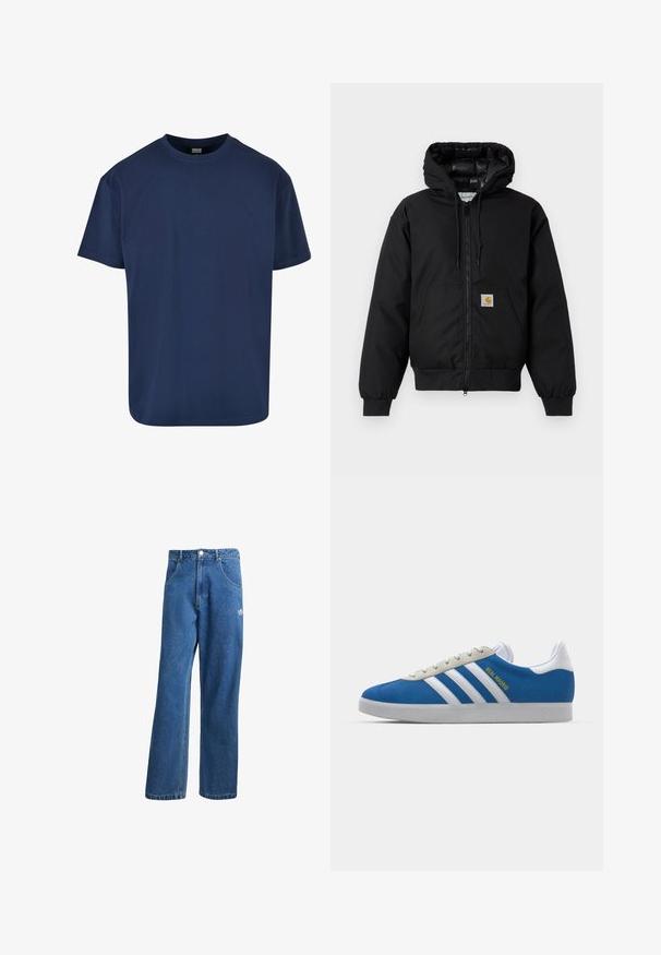 Juodas Carhartt džemperis su gobtuvu, priekiniais užtrauktukais, kengūros kišene, raibstais rankogalviais ir logotipo pleistru kišenėje.; Tamsiai mėlynas medvilninis marškinėliai su apvaliu iškirpimu ir trumpomis rankovėmis. Lygus paviršius ir laisvas siluetas, tinkantis kasdieniam dėvėjimui.; Mėlynos aukštu liemeniu plačios džinsinės kelnės su priekinėmis kišenėmis, diržo kilpos, sagčių uždarymu ir mažu Adidas logotipu dešinėje šlaunyje.; adidas Originals ADIDAS GAZELLE SHOES - Salės futbolo bateliai - real madrid/bluebird/footwear white/crew yellow