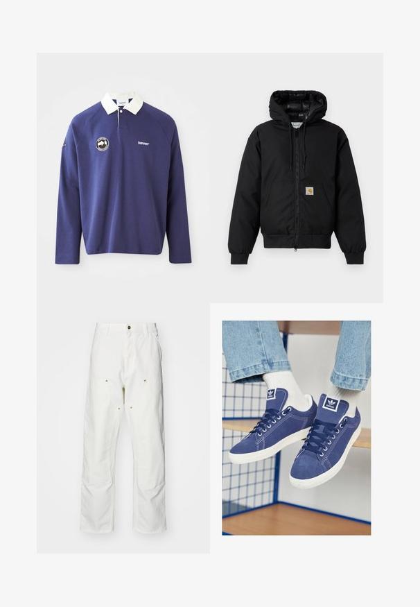 Črna Carhartt kapuca s sprednjim zadrgo, kenguru žepom, rebrastimi manšetami in logotipom na žepu.; Mornarska majica s dolgimi rokavi in belim ovratnikom, z okroglim logotipom na levi prsi in vezenim besedilom "bareen". Mehka tkanina.; Bela bombažna cargo hlače z udobnim krojem. Značilnosti vključujejo sprednje žepe, zlato poudarjeno kovinsko opremo in ojačane kolenske dele.; Temno modri Adidas čevlji iz usnja, z belimi gumijastimi podplati, okroglimi prsti in logotipom na jeziku. Svetle bele nogavice so vidne.