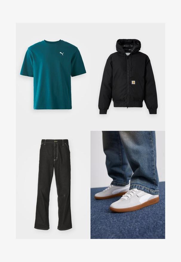 Black Carhartt hooded jacket with front zipper, kangaroo pocket, ribbed cuffs, and logo patch on pocket.; Teal cotton t-shirt with short sleeves, crew neck, and a white Puma logo on the left chest; smooth texture and regular fit.; Black denim jeans with a loose fit, featuring contrasting white stitching, a button closure, and a straight leg design.; Puma PALERMO UNISEX - Trainers - white/cool light gray/gold