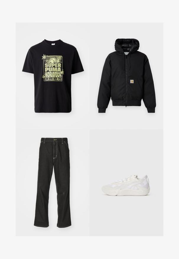 Čierna kapucňová bunda Carhartt s predným zipsom, klokannou vreckom, ribovanými manžetami a logo nášivkou na vrecku.; Čierne bavlnené tričko s žltou grafickou potlačou, ktorá obsahuje text "SUPER PUMA WORLD TOUR" a karikatúrnu postavu, s potlačou umiestnenou na prednej strane.; Čierne denimové nohavice s voľným strihom, s kontrastným bielym prešívaním, uzáverom na gombík a rovnými nohavicami.; Bočný pohľad na bielu a svetlosivú tenisku s abstraktným vlnitým dizajnom a hrubou podrážkou na bledobielom pozadí.