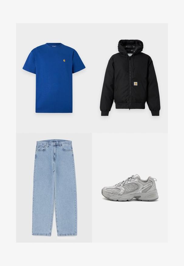 Melnā Carhartt kapuce jaka ar priekšējo rāvējslēdzēju, kangorūkas kabatu, ribotām piedurknēm un logotipa plāksteri uz kabatas.; Zila kokvilnas t-krekls ar apaļu kaklu, īsām piedurknēm un mazu zelta logotipu uz krūtīm. Gluda tekstūra un ikdienišķa piegriezne.; Gai zila džinsu bikses ar taisnu kāju dizainu, kas piedāvā vidēju vidukļa augstumu, piecas kabatas un pogas un rāvējslēdzēja aizdari.; Sudraba sporta apavi ar elegantu dizainu, acs paneļiem, mīkstu valvi, teksturētu sintētisku virsu un gumijas zoli labākai saķerei.