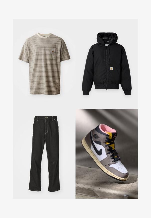Casaco com capuz Carhartt preto, com fecho na frente, bolso tipo canguru, punhos canelados e patch do logo no bolso.; T-shirt de manga curta às riscas em bege e castanho, com um decote redondo e um bolso no peito com um emblema. Tecido texturizado.; Calças de ganga pretas de corte largo, com costuras brancas em contraste, fecho de botão e design de perna reta.; Tênis Nike Air Jordan de cano alto em branco, cinza e preto com interior rosa e língua amarela, posicionados sobre uma superfície de concreto.