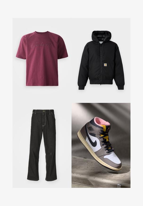 Crna Carhartt jakna s kapuljačom, s prednjim zatvaračem, kangaroo džepom, rebrastim manžetama i logo naljepnicom na džepu.; Burgundska pamučna majica s kratkim raglan rukavima i teksturiranim izvezenim logom "Carhartt" u kontrastnoj nijansi sprijeda.; Crne traperice s opuštenim krojem, s kontrastnim bijelim šavovima, zakovicom za zatvaranje i ravnim nogavicama.; Visoke Nike Air Jordan tenisice u bijeloj, sivoj i crnoj boji s ružičastim unutrašnjim dijelom i žutim jezikom, postavljene na betonskoj površini.
