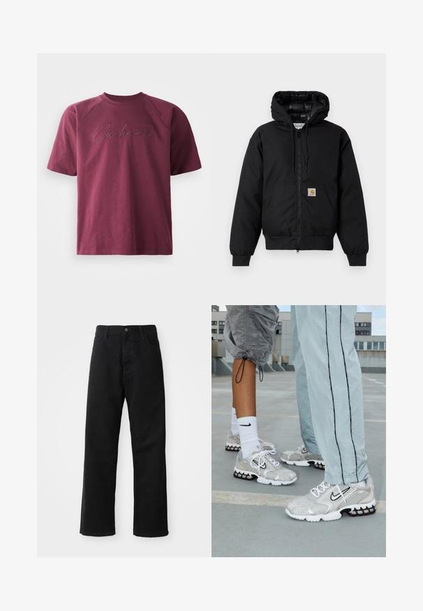 Jachetă cu glugă Carhartt de culoare neagră, cu fermoar frontal, buzunar tip kangaroo, manșete ribbate și patch cu logo pe buzunar.; Tricou din bumbac bordo cu mâneci raglan scurte și un logo texturat "Carhartt" brodat într-o nuanță contrastantă pe față.; Pantaloni din denim negri cu croi drept, având buzunare frontale, fermoar și un singur buton la partea superioară. Țesătură texturată cu un finisaj mat.; Adidași sport Nike dintr-un material de plasă argintie, cu șireturi albe, un logo swoosh negru și o tălpică cu amortizare aeriană neagră și roșie.