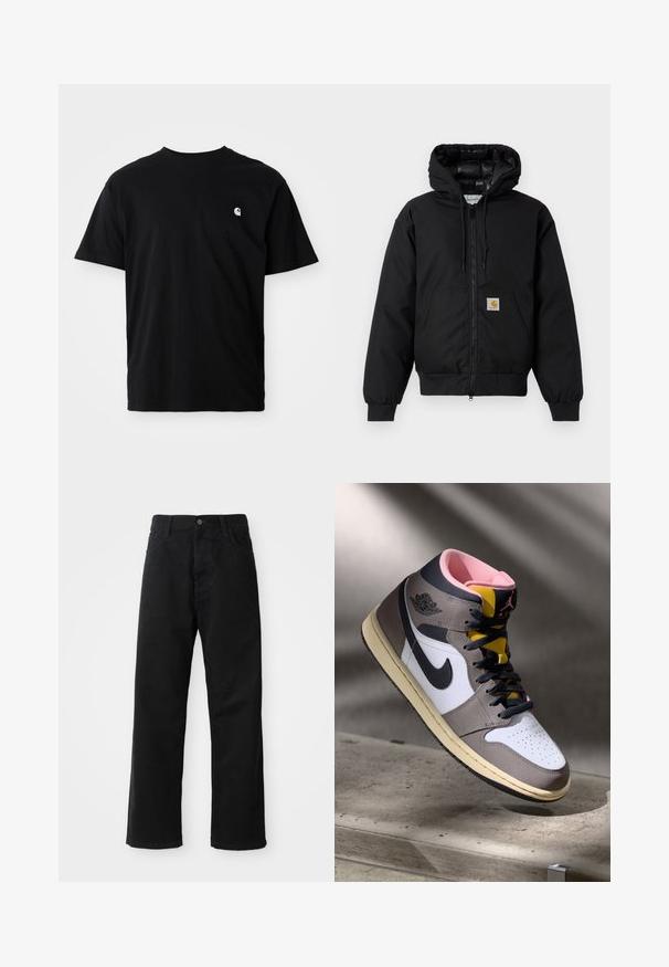 Black Carhartt hooded jacket with front zipper, kangaroo pocket, ribbed cuffs, and logo patch on pocket.; Black cotton t-shirt with a round neck, short sleeves, and a small white logo on the left chest area. Side seams visible. Soft texture.; Black denim pants with a straight cut, featuring front pockets, a zip fly, and a single top button. Textured fabric with a matte finish.; High-top Nike Air Jordan sneaker in white, grey, and black with pink interior and yellow tongue, positioned on a concrete surface.