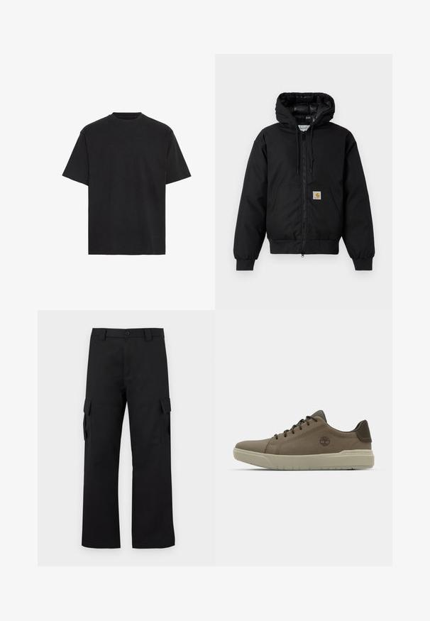 Čierna kapucňová bunda Carhartt s predným zipsom, klokannou vreckom, ribovanými manžetami a logo nášivkou na vrecku.; Čierne bavlnené tričko, krátke rukávy, okrúhly výstrih, ľahké, voľný strih, hladká textúra, žiadne viditeľné vzory ani akcenty.; Čierne cargo nohavice so strihom rovného nohu. Vyrobené z odolnej látky, s dvoma bočnými vreckami so klopami a zapínaním na gombík.; Hnedé kožené tenisky s nízkym profilom, gumovou podrážkou a zelenými akcentmi; na boku majú logo a štruktúrované panely pre lepšiu priľnavosť.
