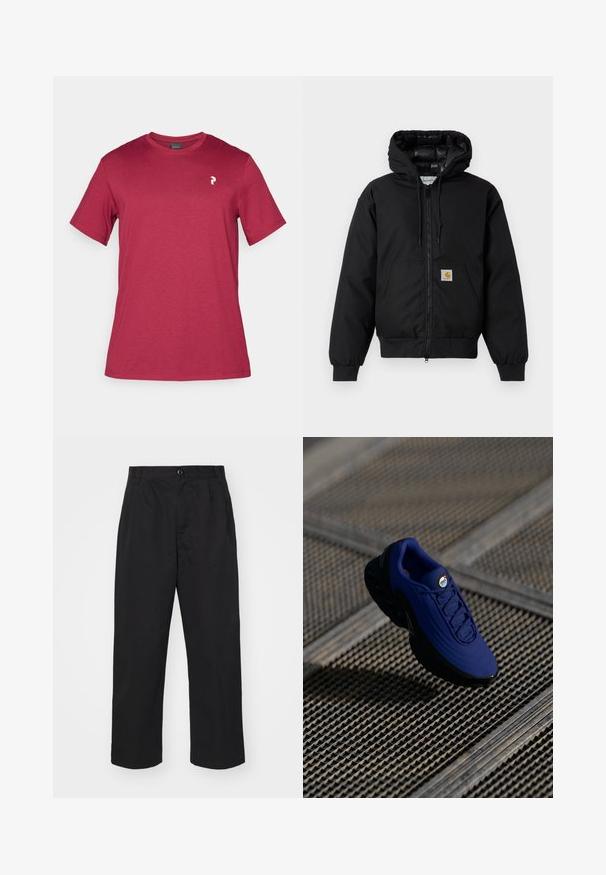 Giacca a zip nera Carhartt con cappuccio, tasca a marsupio, polsini a coste e patch con logo sulla tasca.; T-shirt in cotone color marrone con maniche corte, collo rotondo e un piccolo logo bianco sulla parte sinistra del torace. Tessuto morbido e design casual.; Pantaloni in cotone neri con vestibilità dritta, con chiusura a bottoni, due tasche frontali e una superficie liscia.; Scarpa sportiva blu con tomaia testurizzata, suola nera e lacci. Presenta il marchio "air" sulla linguetta e elementi di ammortizzazione dell'aria visibili.