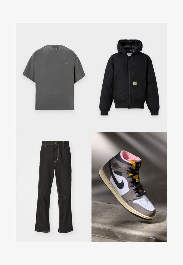 Must värvi Carhartt kapuutsiga jakk, millel on ees viis zipperit, känguru tasku, soonikkoes varrukad ja logo patch taskul.; Hall hõlmadega t-särk pehmes puuvilla segus, halli värvi, laiem lõige ja ümar kaelus, rindkere piirkonnas diskreetne logo detail. Sile kangastekstuuri.; Mustadest denimist püksid, lahtise lõikega, kontrastsete valgete õmblustega, nööbiga kinnitamine ja sirge säär.; Valged, hallid ja mustad kõrged Nike Air Jordani sneakers, roosa sisetallaga ja kollase keelega, asetatud betoonpinnale.