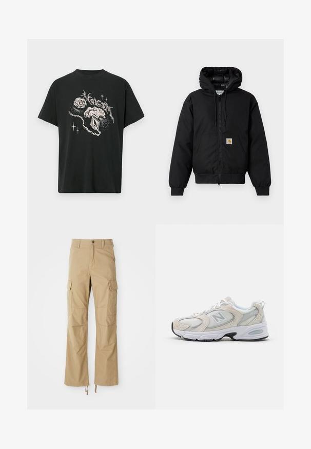 Μαύρο μπουφάν με κουκούλα Carhartt με μπροστινό φερμουάρ, καγκουρό τσέπη, ριμπ μανσέτες και λογότυπο στην τσέπη.; Μαύρο μπλουζάκι με άσπρη γραφική απεικόνιση ενός ματιού, ενός χεριού που κρατάει ένα φυλακτό, αφηρημένα σχήματα και στυλιζαρισμένο κείμενο από πάνω.; Χακί cargo παντελόνι φτιαγμένο από ανθεκτικό ύφασμα, με πολλαπλές πλευρικές τσέπες, σχέδιο ίσιου ποδιού και ρυθμιζόμενα κορδόνια στο στρίφωμα.; Αθλητικό παπούτσι με ελαφρύ γκρι πλέγμα πάνω και σουέτ λεπτομέρειες, λευκά κορδόνια και μαύρη καουτσούκ σόλα. Σημαντική λεπτομέρεια απορρόφησης ABZORB.