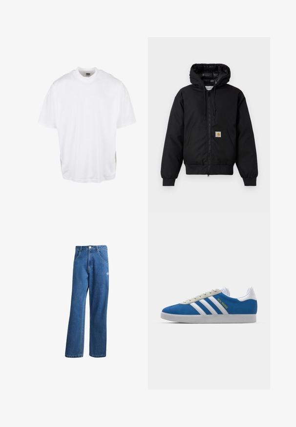 Fekete Carhartt kapucnis dzseki elöl cipzárral, kenguruzsebbel, bordás mandzsettákkal és logóval ellátott zsebbel.; Fehér pamut póló laza szabással, rövid ujjakkal és kerek nyakkivágással, egyenes aljjal, látható grafikák vagy minták nélkül.; Kék, magas derekú, bő szárú farmernadrág elülső zsebekkel, övhurkokkal, gombos záródással és kicsi Adidas logóval a jobb combon.; adidas Originals ADIDAS GAZELLE SHOES - Beltéri futballcipő - real madrid/bluebird/footwear white/crew yellow