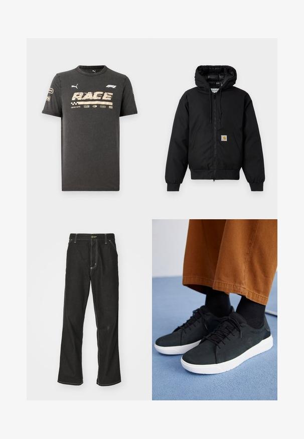 Juodas Carhartt džemperis su gobtuvu, priekiniais užtrauktukais, kengūros kišene, raibstais rankogalviais ir logotipo pleistru kišenėje.; Juodas medvilnės marškinėliai trumpomis rankovėmis, su aukso spalvos, nudėvėtu šriftu ir logo "RACE". Apvalus iškirpimas su lygiu paviršiumi.; Juodi džinsai su laisvu siluetu, turintys kontrastingas balto siūlo siūles, mygtuko uždarymą ir tiesų kojos dizainą.; Juodi zomšiniai sneakeriai su baltais guminiais padais, su raištelių uždėjimo dizainu, tekstūruotais akcentais ir subtiliu prekių ženklu, derinami su rudomis kelnėmis.
