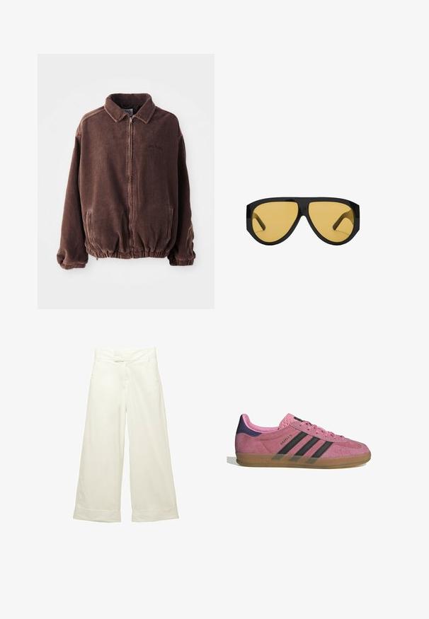 Brun zip-up jakke i kork, med krage, elastiske mansjetter og kant, samt to frontlommer på hvit bakgrunn.; Harmaa hihaton paita pehmeästä, teksturoidusta neulekankaasta. Ominaisuuksiin kuuluu pyöreä pääntie ja väljä istuvuus. Tunnuksessa lukee "ANNA FIELD".; Vaihdehousut pehmeästä, kermanvärisestä kankaasta. Ominaisuuksia litteä etupään vyötärö ja käänteet. Suora rakenne puhtaalla, minimalistisella designilla.; Vaaleanpunaiset mokkanahkakengät mustilla raidoilla, kumipohjalla ja teksturoidulla purppurakorkealla. Varustettu nauhakiinnityksellä ja kohokuvioidulla brändäyksellä sivussa.; Aurinkolasit, joissa on tyylikäs musta muovikehys ja keltaiset sävytyslasit, erottuva kulmikas muoto ja leveät temppelit lisäsuojan takaamiseksi.