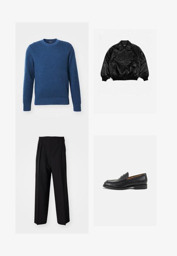 Black leather bomber jacket with a zip front, ribbed cuffs and hem, featuring embossed lettering on the chest and side pockets.; Blue knit crewneck sweater with a textured pattern, ribbed cuffs and hem, and a solid design. Constructed from a soft, warm material.; Black cotton t-shirt with short sleeves and a round neckline. The fabric has a smooth texture and a simple, solid design.; Black pleated trousers with a straight, wide-leg design. Made from smooth fabric, featuring a button closure and belt loops.; Black leather loafers with a smooth finish, rounded toe, and decorative stitching on the vamp. Low stacked heel and slight shine.