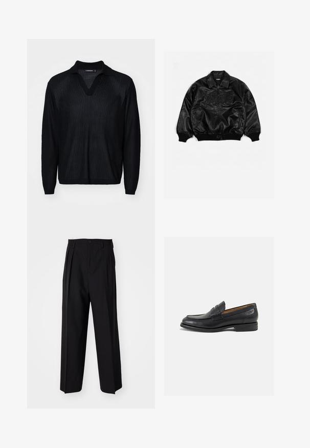 Giubbotto bomber in pelle nera con zip frontale, polsini e parte inferiore a costine, con lettering in rilievo sul petto e tasche laterali.; Pullover nero a maglia con scollo a V, caratterizzato da una texture a coste, maniche lunghe e un colletto a contrasto. Tessuto liscio e leggero.; Pantaloni neri a pieghe con un design dritto e gamba larga. Realizzati in tessuto morbido, con chiusura a bottone e passanti per cintura.; Mocassini in pelle nera con finitura liscia, punta arrotondata e cuciture decorative sulla tomaia. Tacco basso impilato e leggero lucido.