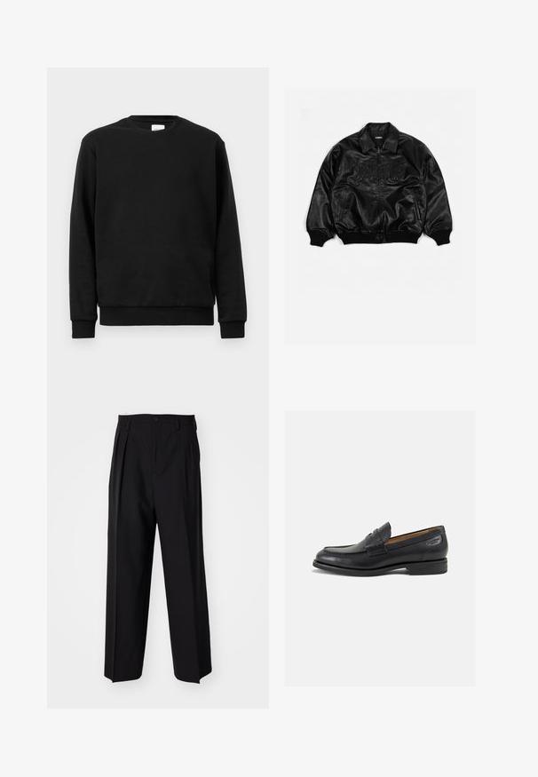 Černá kožená bomber bunda se zipem vpředu, žebrovanými manžetami a spodním lemem, s vytlačeným nápisem na hrudi a bočními kapsami.; Černá mikina vyrobená z bavlněné směsi; má kulatý výstřih, dlouhé rukávy a žebrované manžety a lem pro pohodlné nošení.; Černé skládací kalhoty s rovnými, širokými nohavicemi. Vyrobené z hladké tkaniny, se zapínáním na knoflík a poutky na opasek.; Černé kožené mokasíny s hladkým povrchem, zaoblenou špičkou a dekorativním prošíváním na svršku. Nízký podpatka a mírný lesk.
